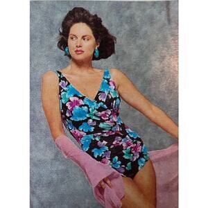 one piece swimsuit floral V neck 1980s pink teal